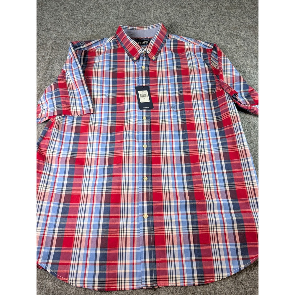 Chaps Mens XXL Short Sleeve Button Down Shirt Red Blue Plaid 750614483001 NWT